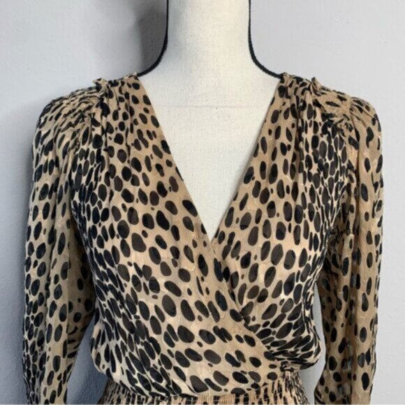 Rebecca Taylor Leopard Print Long Sleeve Plunged Neckline Mini Dress - Picture 6 of 16